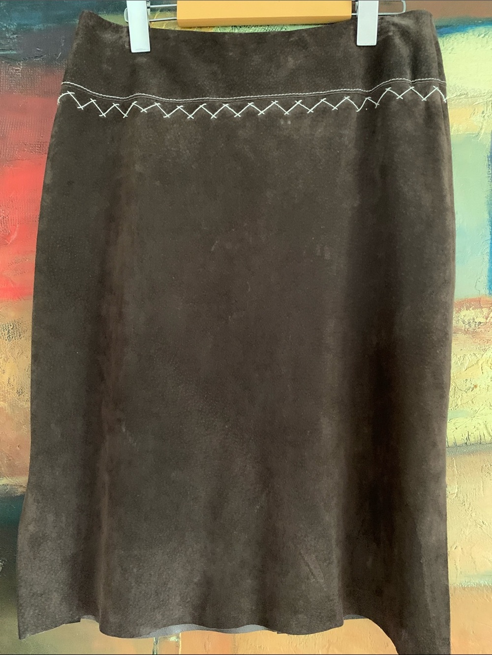BCBG Max Azria Brown Suede Stitch Accent Midi Skirt Sz 4